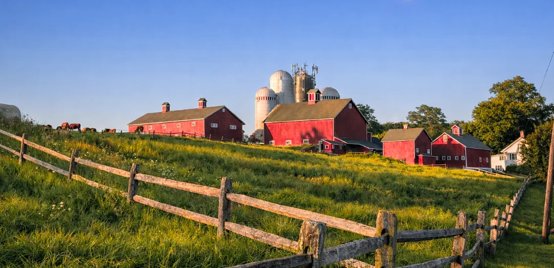 Red barns on a New England farm at golden hour, with a wooden fence in the foreground