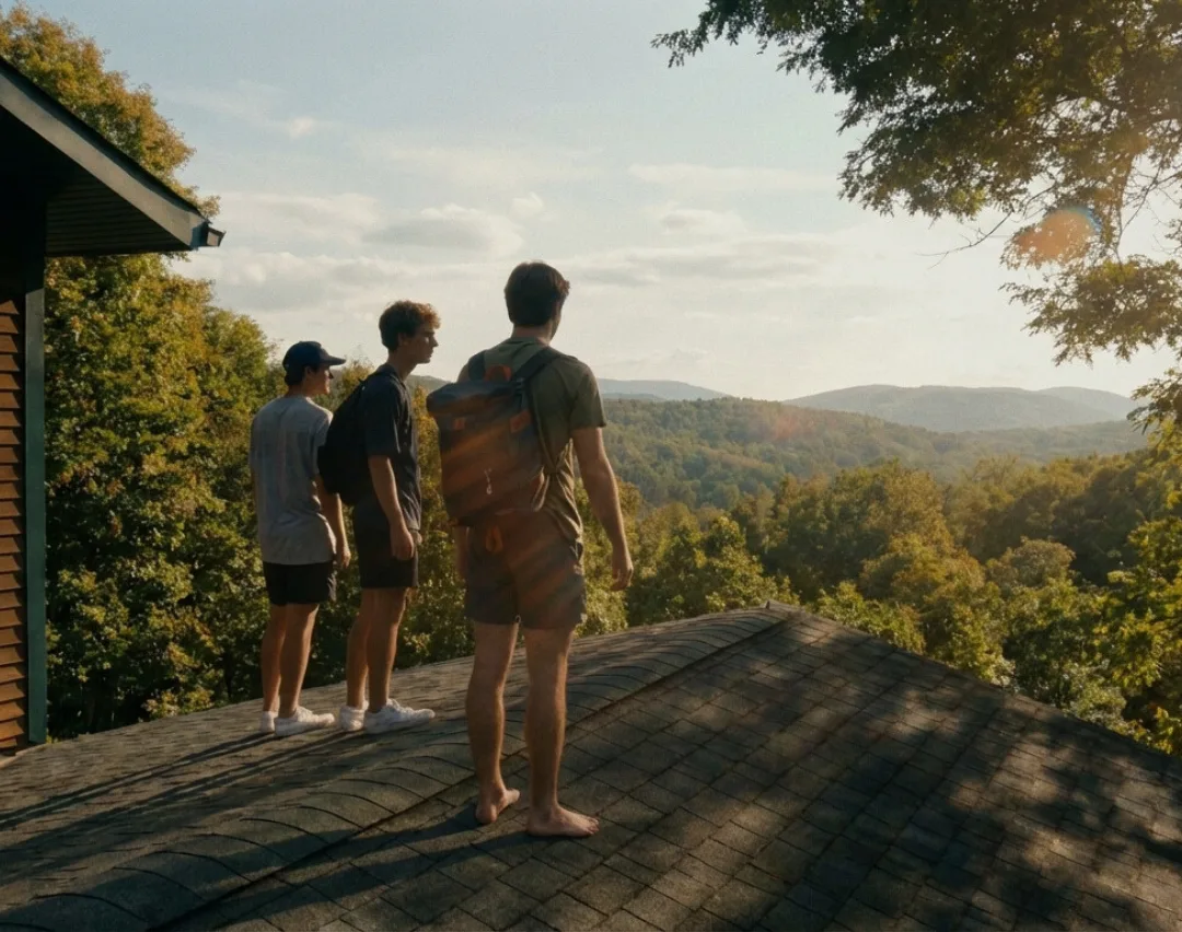 Three friends standing on the cabin roof, looking out over forested hills