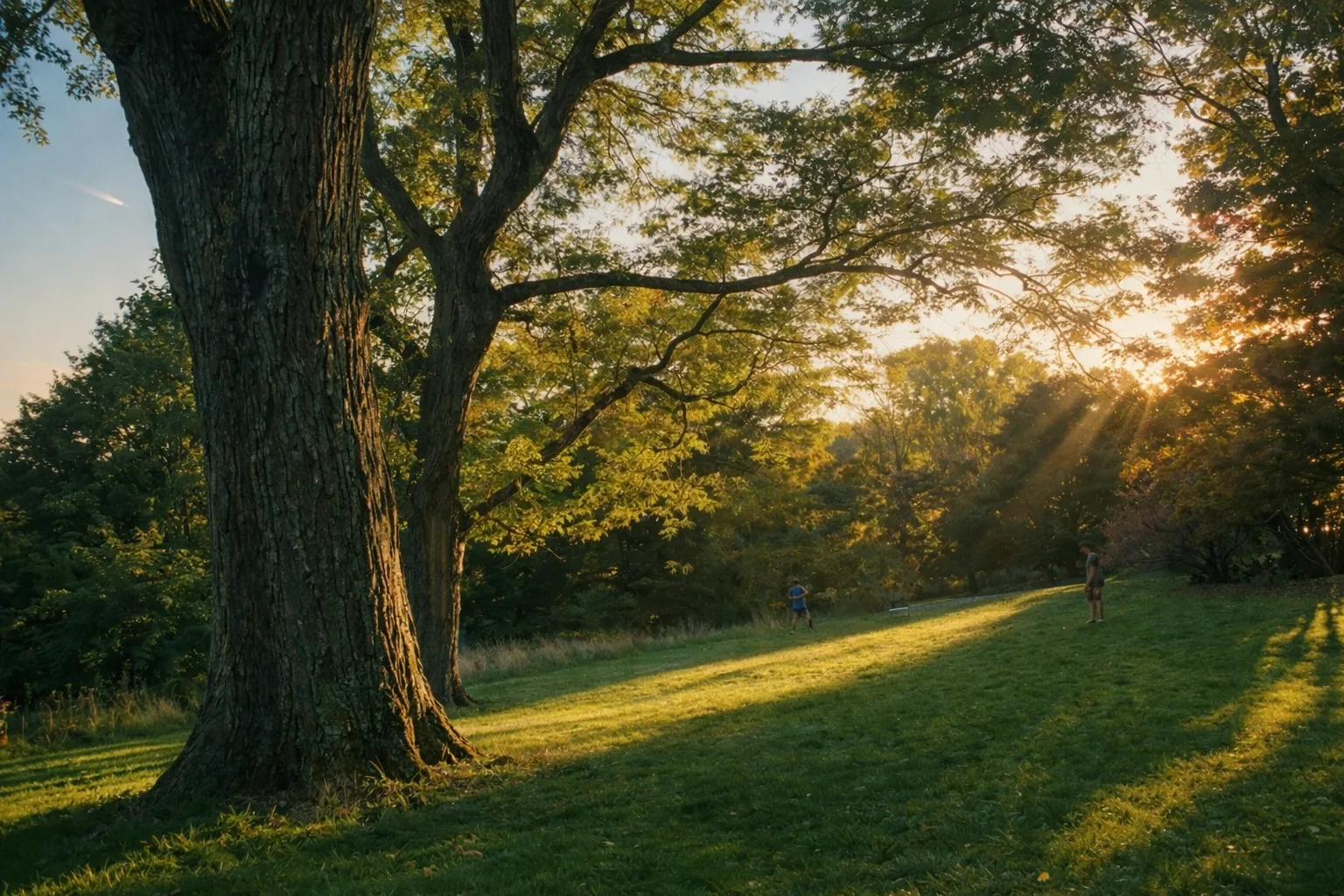 Sunlight streaming through trees over a quiet park lawn, with a faint meteor streak in the sky above