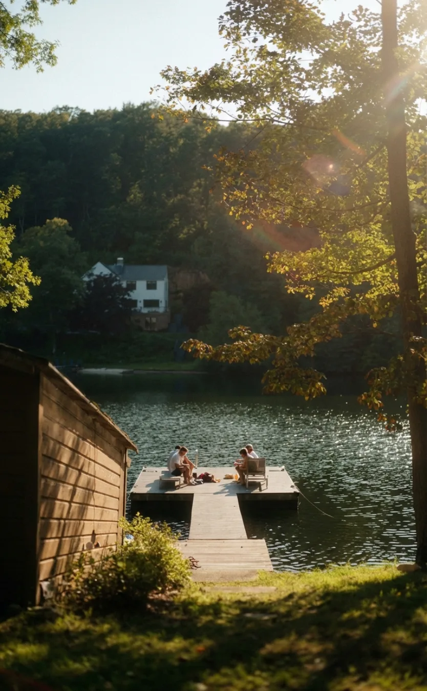 Friends sitting on a lake dock at sunset, framed by autumn leaves